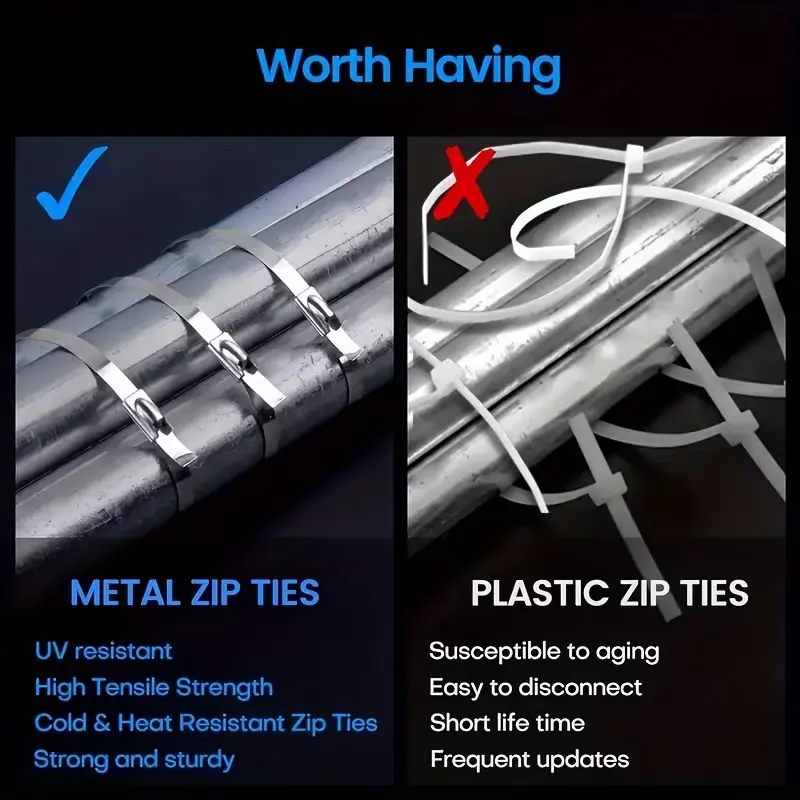 Metal Zip Ties 304 Stainless Steel  Heavy-Duty Self-Locking Cable Ties